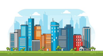 Obraz premium A vibrant cityscape illustration featuring a diverse collection of modern skyscrapers and buildings under a clear blue sky with fluffy clouds.