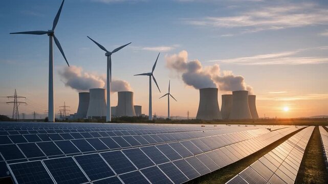 Solar panels and wind turbines near a power plant at sunrise, illustrating the transition to renewable energy and sustainable electricity generation.