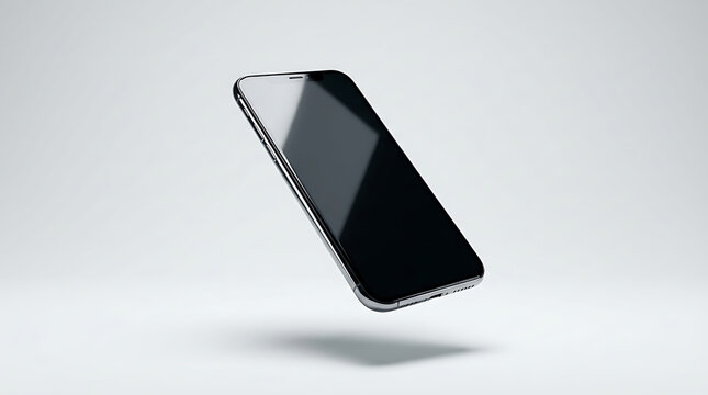 Smartphone with blank screen floating in mid air on gray background transparent background