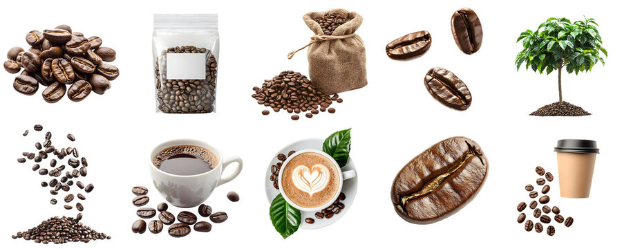 Large set collection of coffee beans, isolated on a transparent background PNG, template, mockup, cutout. Bag, coffee cup, coffee tree, falling beans, coffee leaves, paper coffee cup
