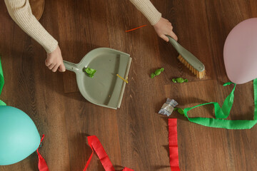 Little Girl Cleaning Messy Bedroom After Birthday Party &ndash; Child Responsibility and Home Cleanup Concept