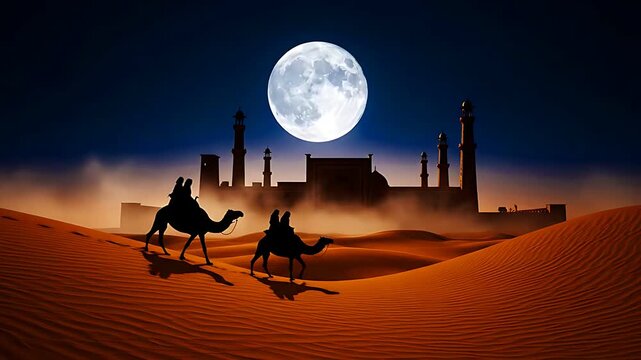 Silhouetted camel riders traverse vast, glowing desert dunes under a brilliant full moon near an ancient Middle Eastern city skyline.