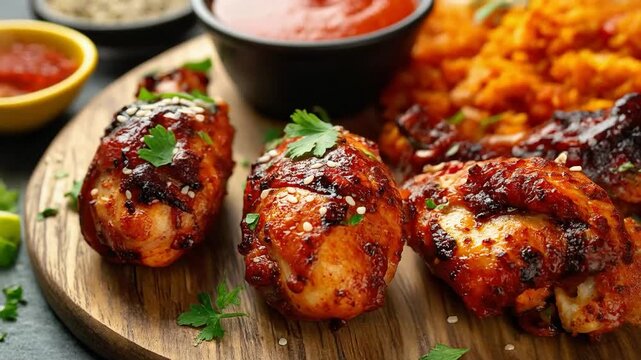 Grilled chicken drumsticks glazed with spicy sauce and served with side dips, presenting a flavorful barbecue meal with rich textures and appetizing presentation.