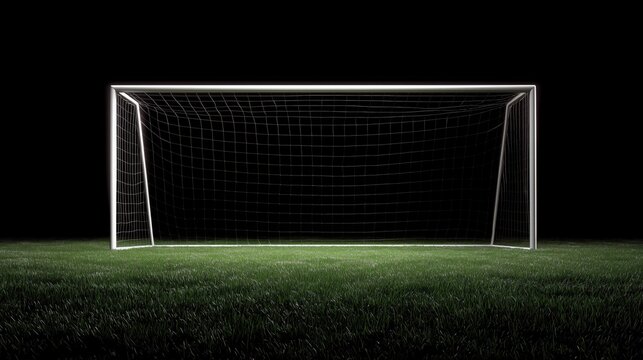 A soccer goal on a grassy field, isolated against a black background.