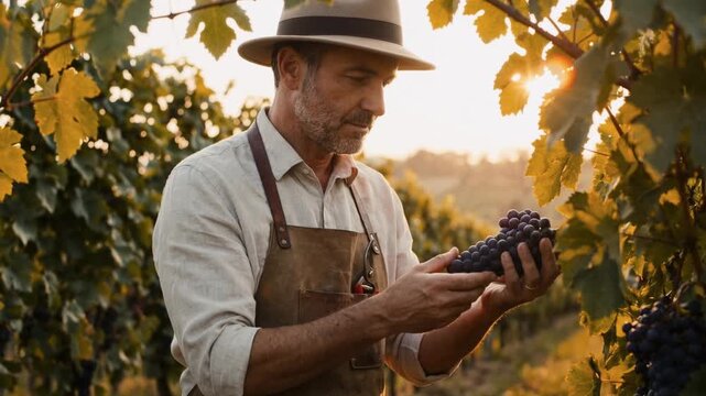 Mature winemaker inspecting a bunch of ripe purple grapes in a vineyard at sunset. Professional farmer harvesting organic fruit for wine production. Agriculture and viticulture concept