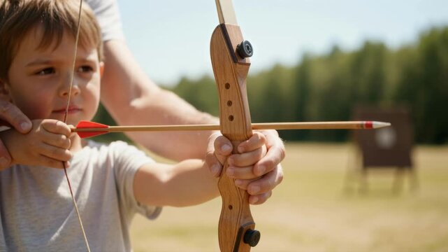 Father teaching his young son how to shoot a bow and arrow outdoors. Close-up of hands helping a child aim at a target in the park. Family summer sports and leisure activity concept