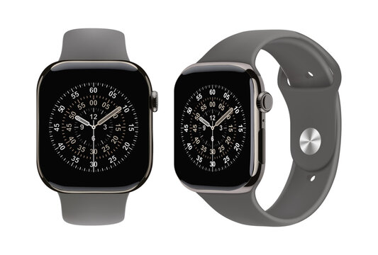 Apple Watch Series 11 in Natural color with Stone Gray Sport Band, isolated on transparent background, vector illustration. The Apple Watch is a line of smartwatches developed by Apple