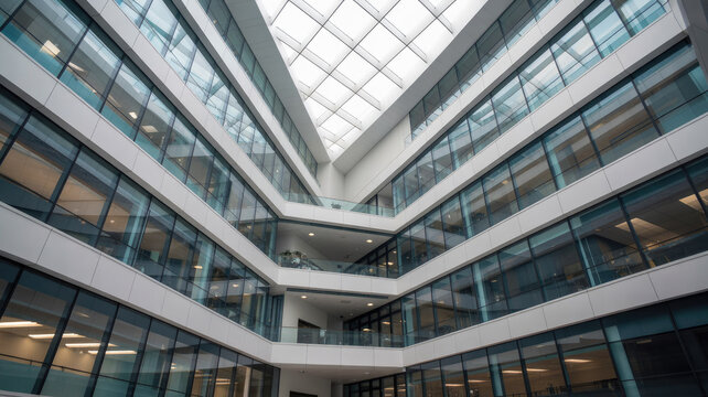 Modern interior architecture of a glass atrium with a geometric skylight above