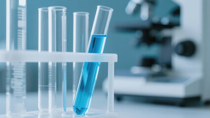 In a laboratory setting, test tubes containing blue reagents are placed on a rack, presenting a professional atmosphere of scientific research and experiments, making it a material image suitable for 