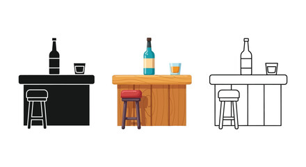Fototapeta premium Bar counter with stools, liquor bottle, and glass illustration set in solid silhouette, color, and outline styles