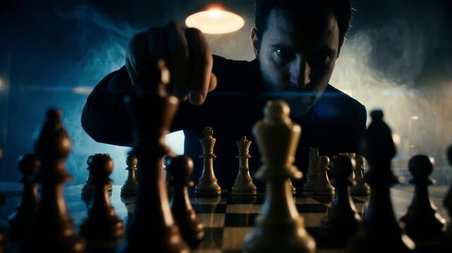 Man playing chess making a strategic move with a piece on a board. Close-up of a hand in a suit in a dramatic smoky atmosphere. Business strategy and intelligence concept