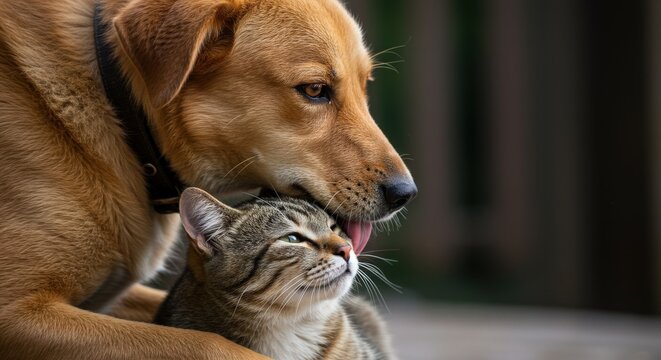 A dog gently licks a cat on a sunny day