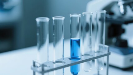 In a laboratory setting, test tubes containing blue reagents are placed on a rack, presenting a professional atmosphere of scientific research and experiments, making it a material image suitable for 
