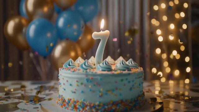 A festive birthday cake with a number seven candle, surrounded by balloons and sparkling lights, celebrating a joyful children&rsquo;s birthday party atmosphere.