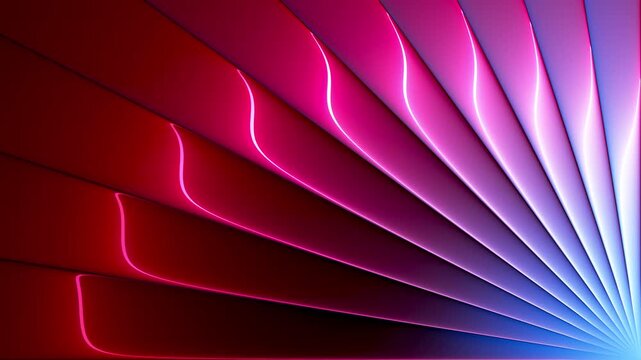 Radial waves flow smoothly and refract through ribbed glass surface converging at the corner. Fan-shaped array of geometric sharply defined glass ridges with dynamic neon color flow. Seamless loop. 4K