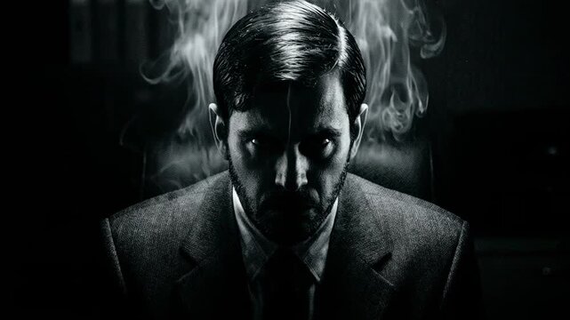 Portrait of a serious businessman with smoke rising from his head. Concept of extreme stress, anger and professional burnout. Furious man fuming with rage and mental pressure