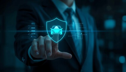 Businessman interacting with futuristic car shield security interface