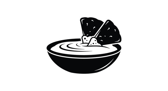 A black and white illustration depicts a round bowl filled with creamy dip and tortilla chips high quality