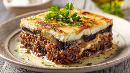 authentic greek moussaka with eggplant and bechamel sauce served on a plate over light wooden table