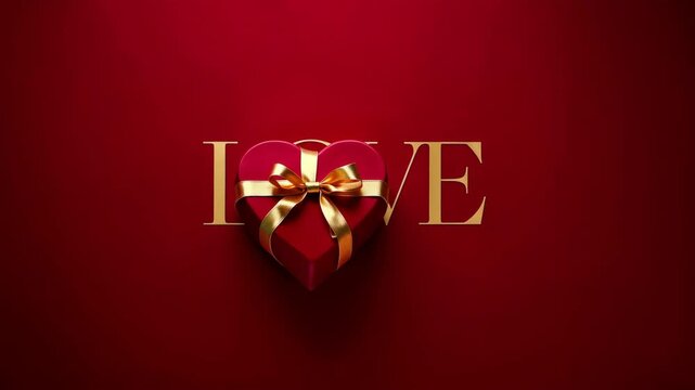 Heart Shaped Gift Box with Golden Ribbon and L U X U R I O U S G O L D E N W O R D L O V E O N R I C H R E D B A C K G R O U N D L U X U R Y R O M A N C E C E L E B R A T I O N C O N C E P T