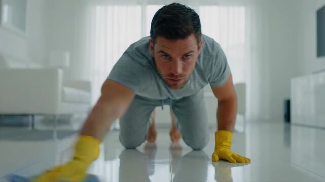 Young man cleaning the floor with a blue cloth and yellow rubber gloves. Person scrubbing white tiles on knees doing household chores. Domestic hygiene and housekeeping lifestyle concept