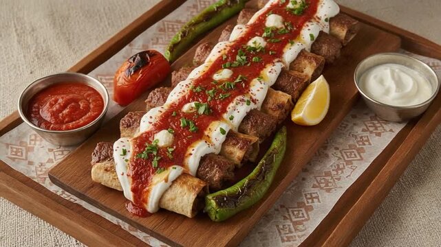 A grilled kebab served in flatbread with fresh vegetables, yogurt sauce, and tomato sauce, presented on a wooden board as a flavorful traditional street food dish.