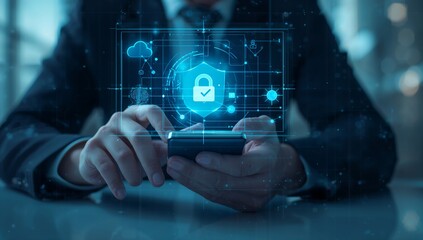 Businessman using smartphone with secure digital shield and lock icons