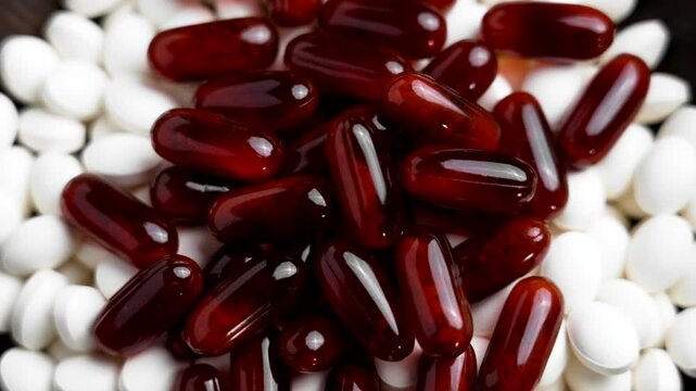 A pile of Omega-3 nutritional capsules and white collagen protein pills in a brown wooden container. Supplements mix. Rotation