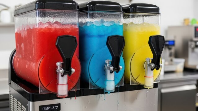 Colorful frozen drink dispensers offering a variety of refreshing beverages and flavors