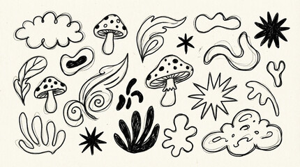 Obraz premium Hand Drawn Psychedelic Groovy Doodle Set featuring Mushrooms, Clouds, and Abstract Shapes