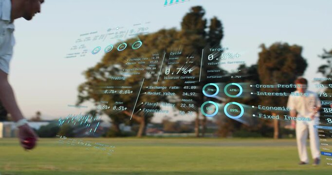 Bowler delivering red ball, fielder diving and stopping ball while HUD gauges analyzing sports play