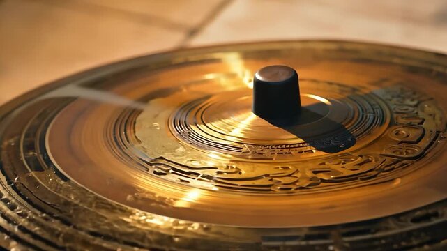 A hammer strikes a circular metallic surface, creating patterns on the round object. The metallic object reflects light, highlighting intricate details and textures.