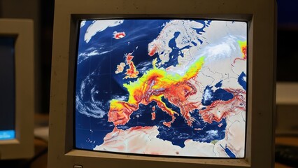 Europe continent map analysis on an vintage computer screen showing geographical details