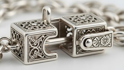 Intricate square-shaped metal clasp with decorative filigree details on a silver chain