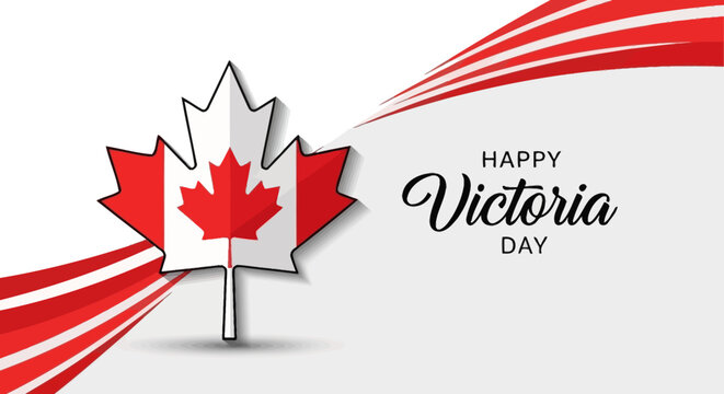Happy Victoria Day greeting with a Canadian maple leaf flag and red and white abstract waves.