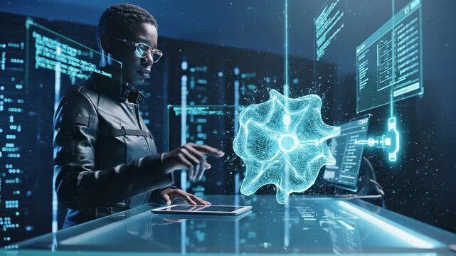Woman cybersecurity specialist interacts with holographic interface and brain visualization in control center. Expert touches digital hologram with code screens. Specialist analyzes data with holograp