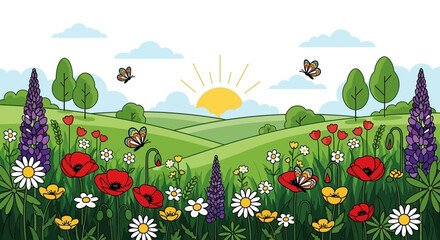 Naklejka premium A vibrant and colorful meadow filled with blooming wildflowers and butterflies under a bright sunny sky.