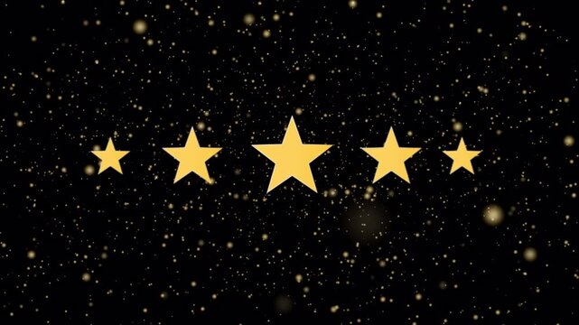 5 Star rating animation with glitter, star review concept on blcak background. 4k animation
