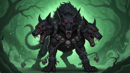 Menacing three-headed canine guardian with red eyes and skull adornments in eerie dark forest