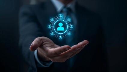 Businessman presenting glowing network connection concept in hand