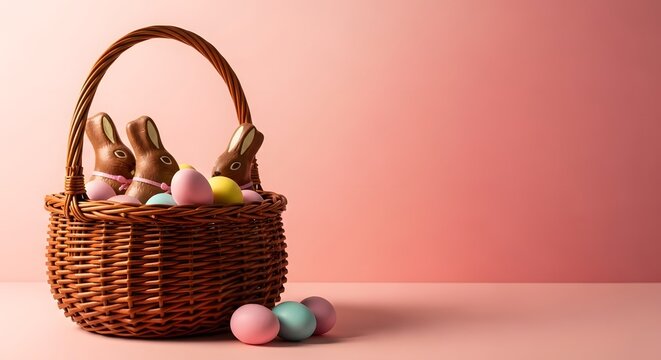 Easter sunday celebration with chocolate bunnies and colorful eggs in wicker basket
