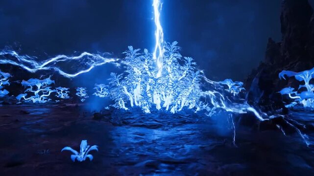 glowing blue alien landscape, fantasy forest, bioluminescent plants, night scene