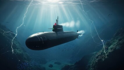 Submersible vessel cruising underwater amidst electric currents and sunlight