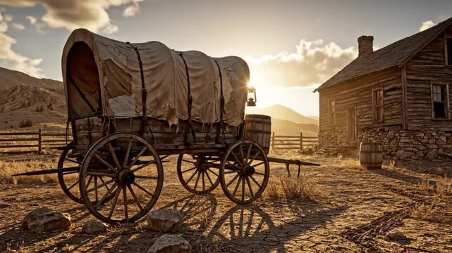 Dramatic scene of a covered wagon parked near an old wooden cabin on a sunny day with golden hour light