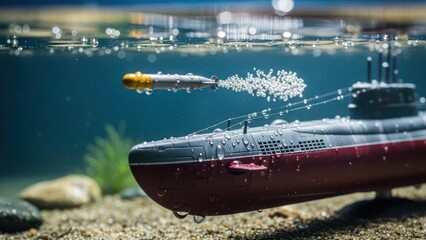 Underwater encounter with a miniature submarine launching a torpedo in a controlled environment