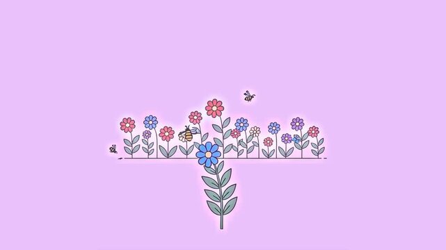 Colorful Flower Garden and Bees, Simple Doodle Style Animation Spring Flowers and Pollinating Bees Border