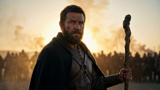 Portrait of a bearded warrior leader holding a wooden staff standing before an army at sunset. Historical prophet or commander looking at camera with soldiers in smoke. Cinematic war
