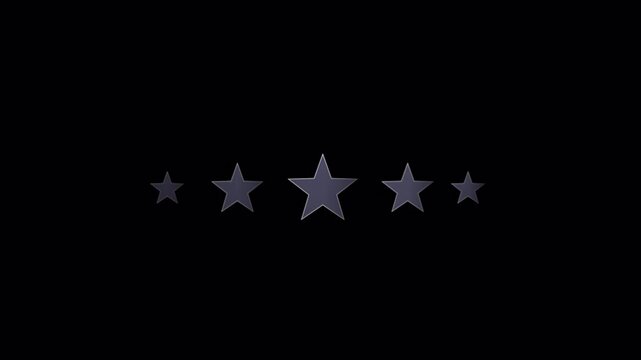 Five stars icon in silver gray animation on alpha channel background, customer feedback display, 4k video