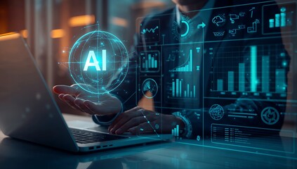 Businessman using AI technology with futuristic interface on laptop
