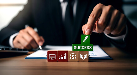 Businessman Placing Success Block on Growth Chart